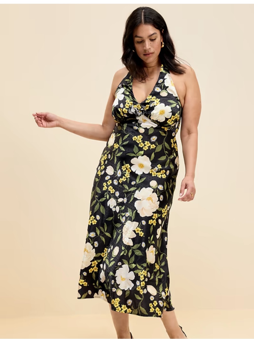 Old Navy Black Floral Satin Fit and Flare Halter Midi Dress